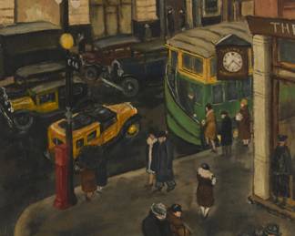 2135 Early 20th Century American School City Street scene with figures and vehicles Appears unsigned Oil on canvas 20 x 16in Estimate: $500 - $700