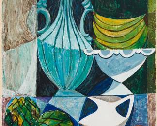 2169 Duval Eliot (1909-1990) Abstract still life Watercolor, gouache, and other pigments on paper Signed lower right: Duval Eliot Sight: 23 3/4 x 18 3/4in Estimate: $500 - $700