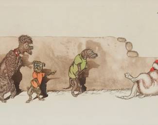 2305 Boris O'Klein (1893-1985) "W.C. Privé!" from the "Dirty Dogs of Paris" series Etching with hand-coloring on wove paper From the edition of unknown size and date Signed and titled in pencil in the lower margin, possibly by the artist's grandson: O'Klein Plate: 6 1/2 x 17 1/8in; Sight: 7 1/2 x 18in Estimate: $150 - $250