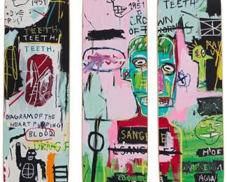 2279 After Jean-Michel Basquiat (1960-1988) A skateboard deck triptych after "In Italian" (1983) by The Skateroom, early 21st century From the open edition originally released 2014 Each top printed: THE SKATEROOM / X / [Jean-Michel Basquiat signature] ® Screen-printed skateboards housed in original cloth case 3 pieces Each: 31.75" L x 8" W Estimate: $300 - $500