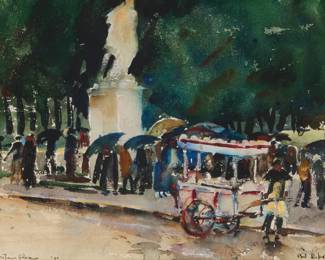 2128 Phil Dike (1906-1990) "Fontainebleau," 1930 Watercolor on paper Signed, titled, and dated in the lower right and left corners: Phil Dike / '30 Sight: 7 x 9in Estimate: $1,000 - $2,000