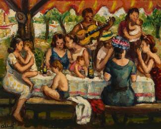 2120 Saul Berman (1899-1975) "Family Picnic" Oil on canvasboard Signed lower left: Saul; signed again and titled on a label affixed verso 9 x 12in Estimate: $500 - $700