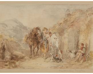 2065 Frederick Taylor (1875-1963) "A Welcome Break" Watercolor on paper Signed on the back mat, lower right: Frederick Taylor; titled on a gallery label affixed verso Image/Sheet: 4 1/2 x 6 1/2in Estimate: $200 - $400