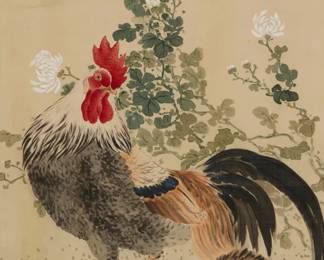 2072 20th Century Nihonga School Rooster and Hen Ink and pigment on silk Signed in Japanese characters and with a red ink seal lower right: Shuho Sight: 34 x 15 1/2in Estimate: $200 - $400