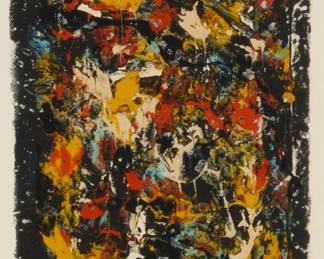 2375 Hans Burkhardt (1904-1994) Modern abstract, 1984 Oil on paper Signed, dated, and inscribed in pencil along the lower edge: H. Burkhardt / 1984 / "To My friend Joseph Basso / From Hans" Image: 13 1/2 x 9 1/4in; Sight: 20 x 13in Estimate: $600 - $800