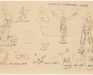 2321 William T. Wiley (1937-2021) "Zenny's Christmas Cheer" Offset lithograph in black ink with blue ballpoint ink additions on paper From an edition of unknown size Inscribed and dated in blue ink: "To Jean and all the folk / at Cirrus and [sic] / 19 / 76" Sheet: 11 5/6 x 19 5/6in  An untitled letter Ink on paper Signed and dated: William / 10/17/74 Sheet: 14 x 17in Estimate: $200 - $300