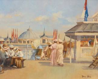 2121 Peter Price (19th/20th Century) Figures on a pier Oil on canvasboard Signed lower right: Peter Price 12 x 16in Estimate: $400 - $600