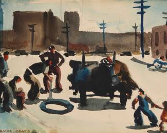 2132 Claude Coates (1913-1992) "Sell it and Buy a Horse" Watercolor on paper Signed lower left: Claude Coats; titled in pencil on a black label affixed to the frame's backing paper Sight: 7 1/2 x 10in Estimate: $600 - $800