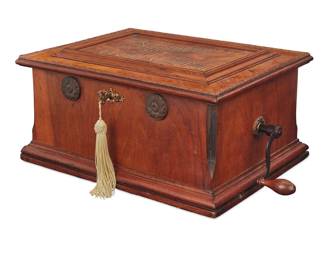 2214 A Symphonion 'Musical Automaton' music box 1890s With impressed marks: SCHUTZ-MARKE / [Symphonion lyre logo] / TRADE-MARK / MADE IN GERMANY / 269267 With star flywheel and two 42-teeth combs, housed in a wood box and with a single 10.625" diameter disc that plays "Sweet Rosie O'Grady" by Maude Nugent (1873-1958) 8.75" H x 17.5" W x 13.5" D Estimate: $400 - $600