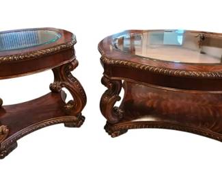 Havertys Traditional Carved Wood  Glass 2Piece Table Set Coffee  End Table