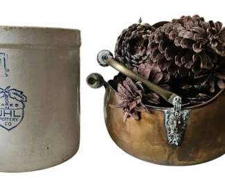Vintage Farmhouse Copper Helmet Coal Scuttle  Stoneware Crock