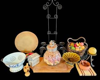 Vintage Tuscan Kitchen Decor Lot  Teak wood, Faux Fruit Basket, Platters, Colander  Cannister