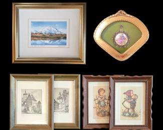German Etchings, Alaskan Landscape, French Cameo, and Hummel