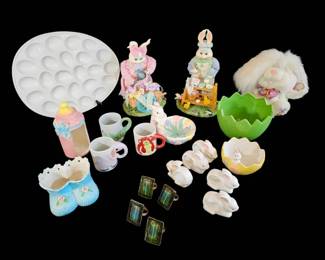 Vintage Relpo Japan  Modern Easter Spring Decor Lot  Egg Platter, Ceramic Figurines, Bunny Napkin