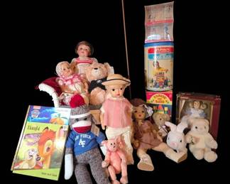 Vintage  Antique Toy Collection with Wicker Rocking Chair