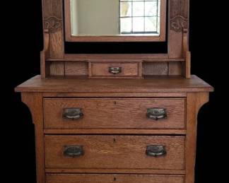 Antique Arts  Crafts Oak Vanity Dresser with Pivot Mirror