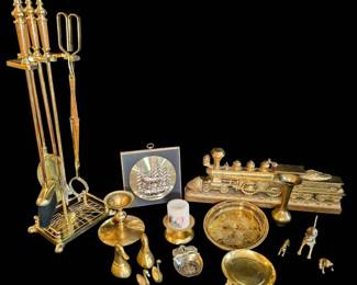 Vintage Brass Decor  Souvenir Lot  Fireplace Set, Figurines  Plaques