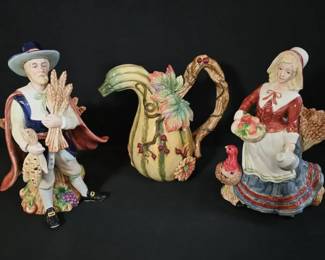 Vintage Fitz  Floyd Classics Harvest Heritage Lot  Pilgrim Couple  Matching Gourd Pitcher
