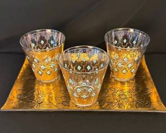 3~ Exquisite Vintage MCM Culver ‘Seville’ Glasses & A Gold Toned Glass Tray