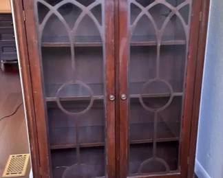 Vintage Mahogany Cabinet * Gothic-Style Arched Glass Doors *