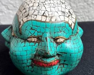 Unique Four Sided Art Piece * Turquoise Inlay * Bought At A Nepalese Shop In CA *