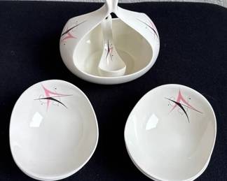 MCM China By Eva Zeisel for Hallcraft * "Harlequin" Pattern * Gravy Boat & Ladle* 4 Cereal Bowls *