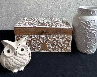 Signed Vase * Cute Owl * Carved Wooden Box *