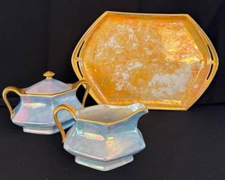 Vintage Hexagonal Serving Pieces * Orange Tray With Gold Trim * Iridescent Sugar & Creamer Set *