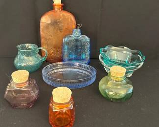 Collection Of Colored Glass Bottles * Corked Pots * Trinket Bowls * Creamer *