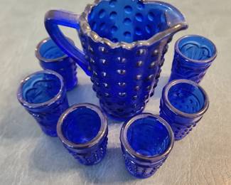 Cobalt Bleu hobnail mini pitcher and glasses set