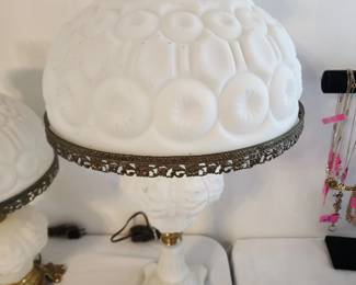 L.G. Wright Moon and Stars milk glass lamp, beaded drape pattern