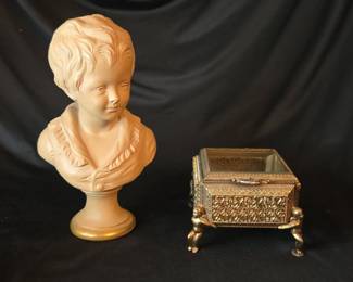 Vintage 1950s Alexander Backer Chalkware Bust  Ornate Ormolu Jewel Casket