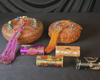 Vintage Round Woven Chinese Sewing Baskets  Brocade Lipstick Cases