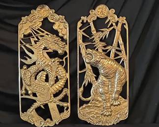 Vintage MCM Asian Brass Wall Plaques