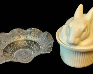 Festive Serving Bowl Pair  Ruffled Edge Clear Glass and White Ceramic Bunny