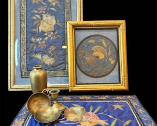 Asian Art Wall Art, Small Brass And Tapestry