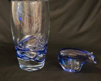 Krosno Vase  Hand Blown Polar Bear  Both Clear With Cobalt Blue