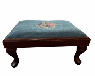Vtg Wooden Footstool WBlue Needlepoint Upholstery