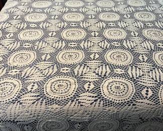 Cream Colored Vtg. Crocheted Circular Geometric Bedspread