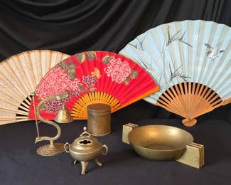 Asian Brass Lot And Hand Painted Hand Fans
