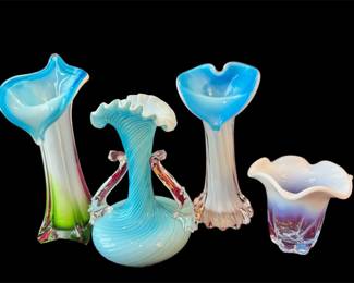 Vibrant Art Glass Vase Collection  Fenton Blue Opalescent Murano Style Swirl  Stretch Forms 4pc