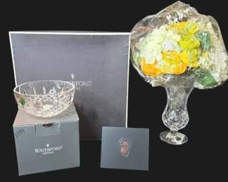 Waterford Crystal Gift Set  Kelsey 6 Bowl And Footed Floral Vase With Bouquet