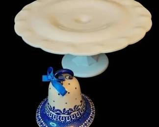 Vintage MilkGlass Teardrop Cake Stand With Vintage Ceramic Manufktura Bell