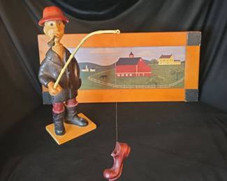 Signed Fayre Cooper Country Farm Scene And Hand Carved Italian Roamer