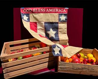 Vintage Vegetable Crates And Garden Flag