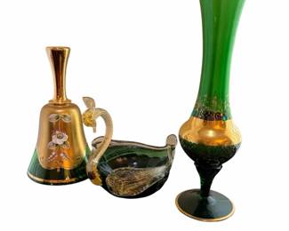 Bohemian Green Glass Bell  Vase  Murano Swan