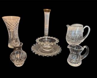 Crystal Bowl, Creamer, Pitcher  Vase w Glass Candle Holder  Plate