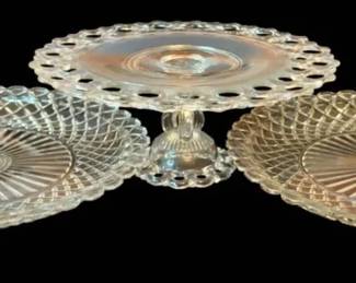 Anchor Hocking Crystal Glass Serve Platter Pair With Vintage Westmoreland Pedestal Center Piece