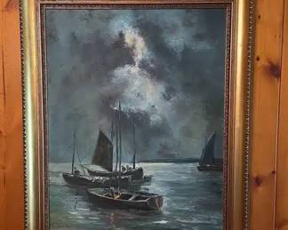Large Framed Signed Oil Painting Maritime Scene