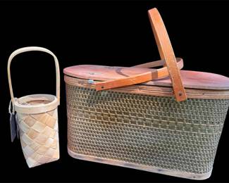 Vintage Picnic Basket With Bonus, Eating Utensils For Eight And Wine Basket